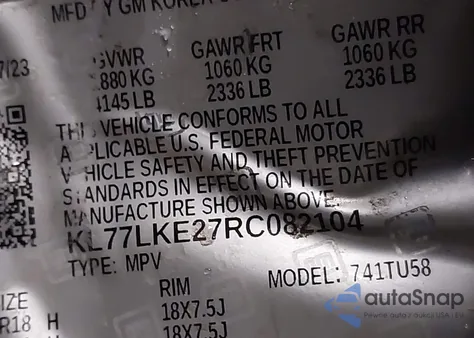 2024 Chevrolet Trax Fwd Activ z USA, uszkodzony, nr VIN KL77LKE27RC082104